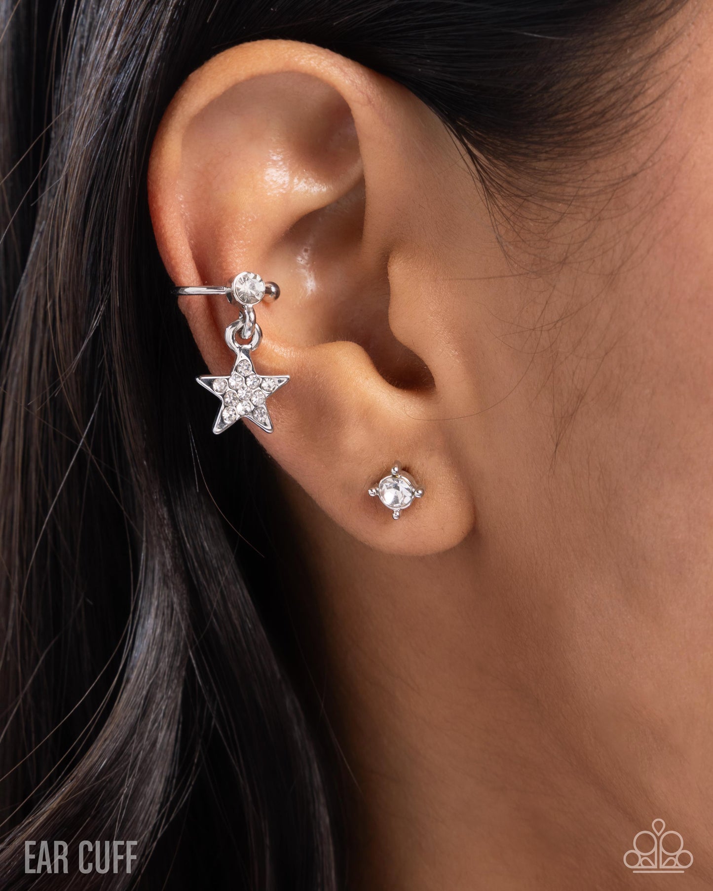 Cosmic Cool - White/Silver Stud and Cuff Earrings