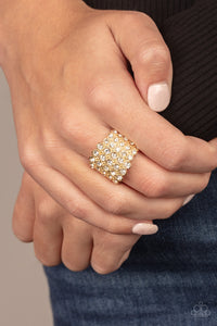 Million Dollar Masquerade - White Rhinestone Encrusted Gold Ring