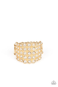 Million Dollar Masquerade - White Rhinestone Encrusted Gold Ring