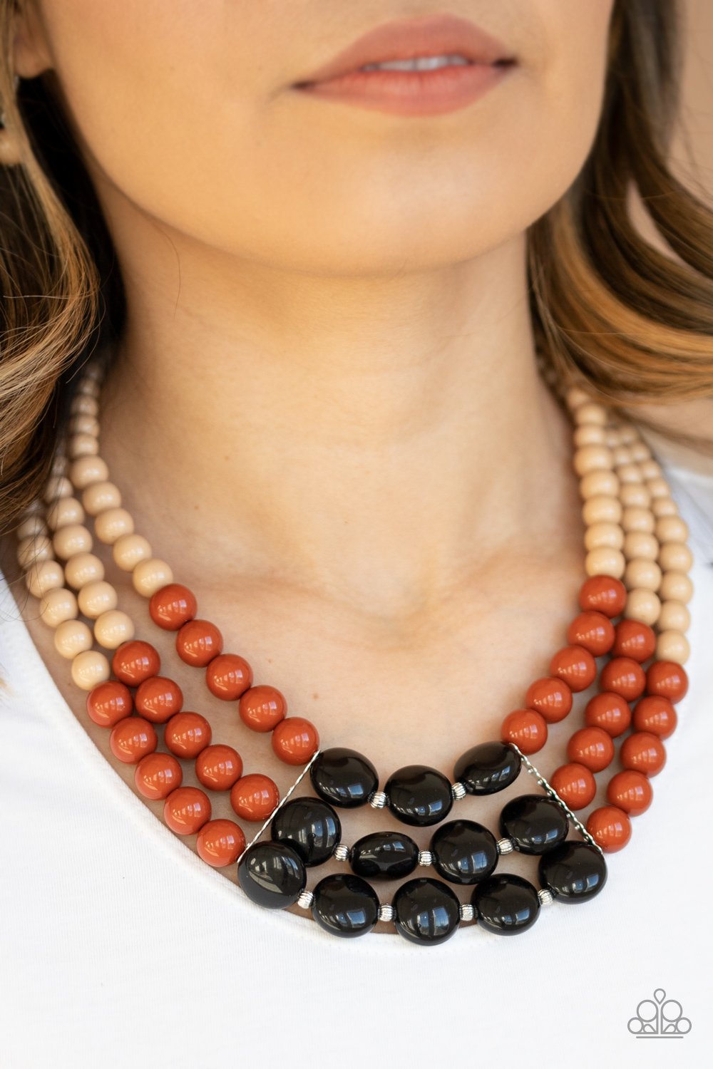 Beach Bauble Multi Necklace - Black, Cinnamon, and Tan Beaded Bib Style Necklace