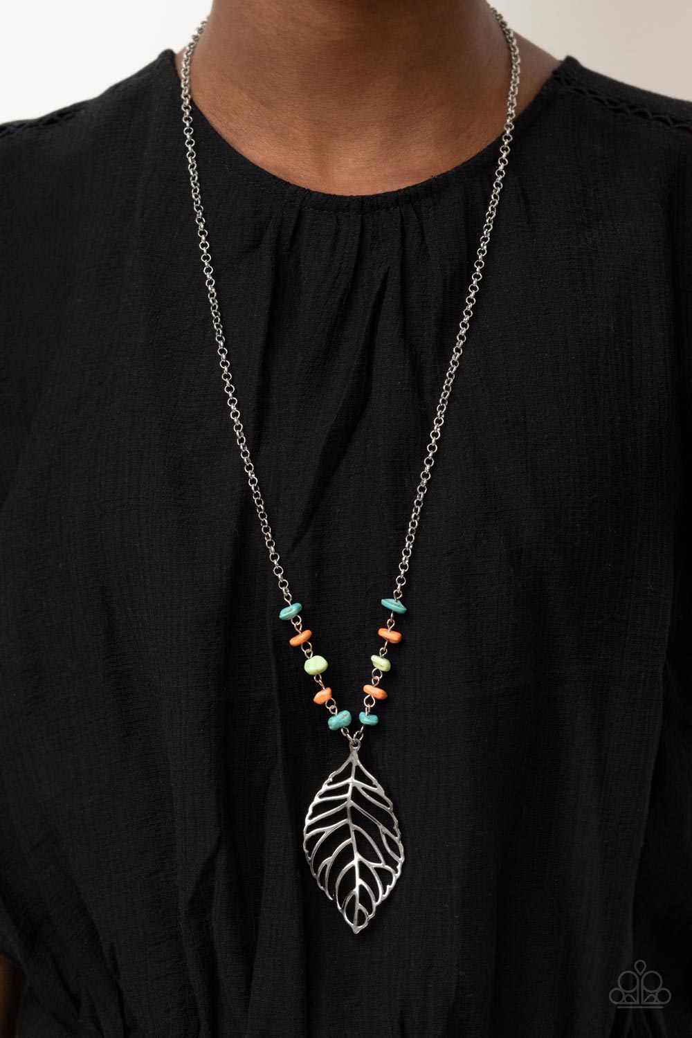 Roaming The Riverwalk - Multi-colored Stone and Leaf Long Necklace