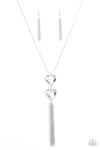 Flirtatious of Them All - White Rhinestone Heart Drop Necklace