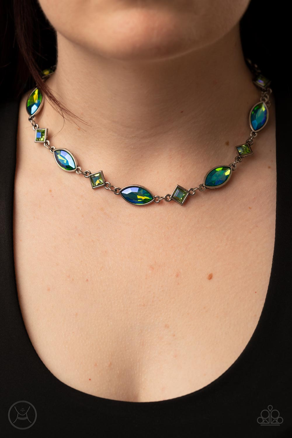 Prismatic Reinforcements - Iridescent Green Cut Rhinestone Necklace