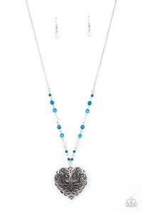 Doting Devotion - Mykonos Blue Filigree Heart Pendant Necklace