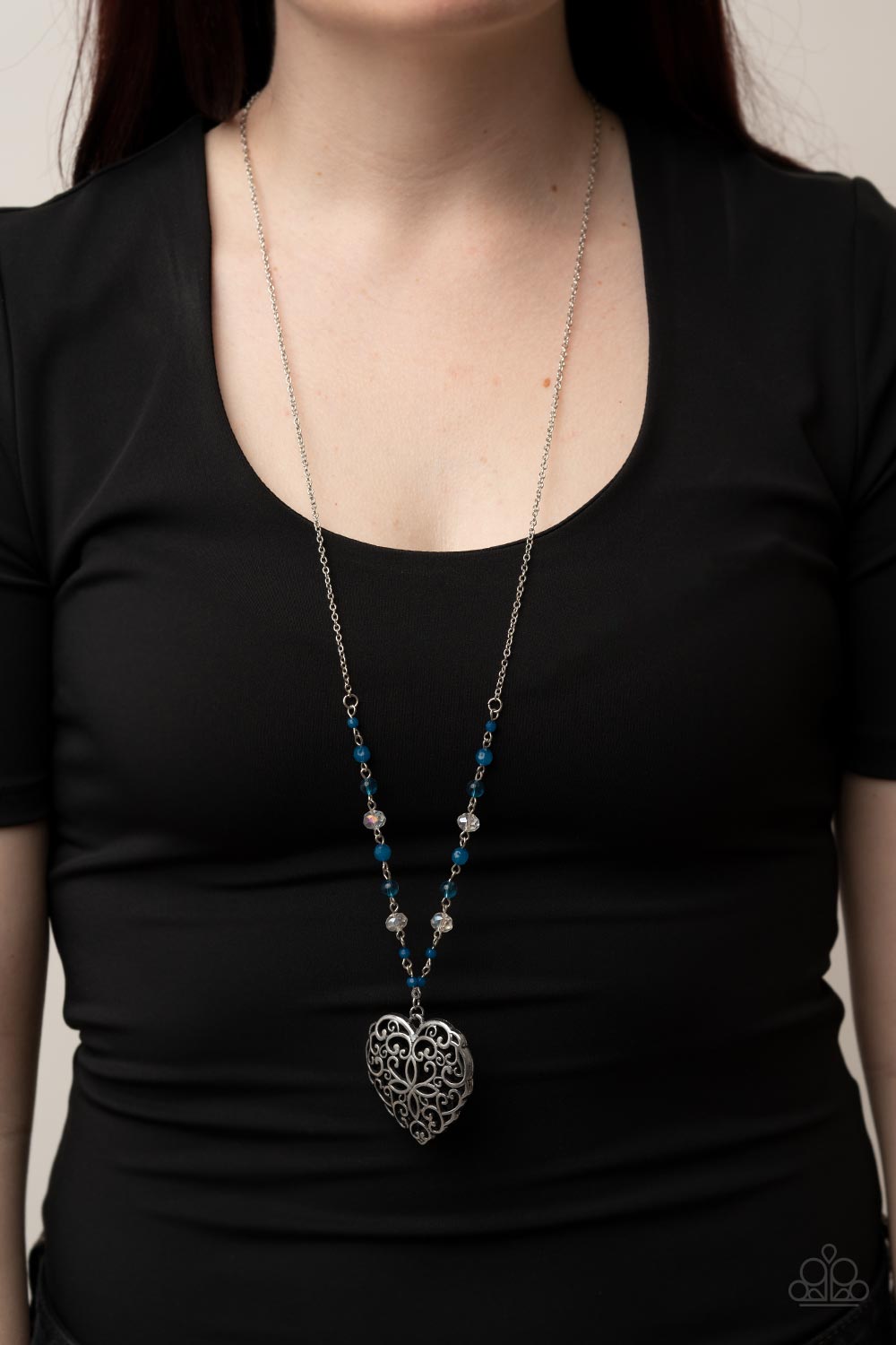 Doting Devotion - Mykonos Blue Filigree Heart Pendant Necklace