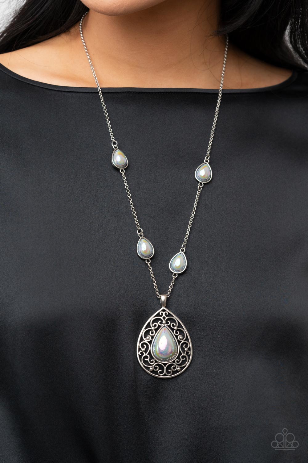 Magical Masquerade - Silver Iridescent Teardrop Necklace