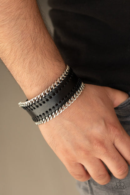 Got Grit? - Black Leather Trimmed in Silver Chain Men's Bracelet